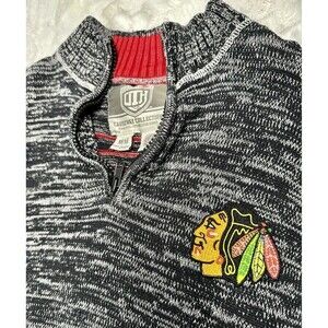 Chicago Blackhawks Mens Knit Sweater Medium Grey Black 1/4‎ Zip Old Time Hockey